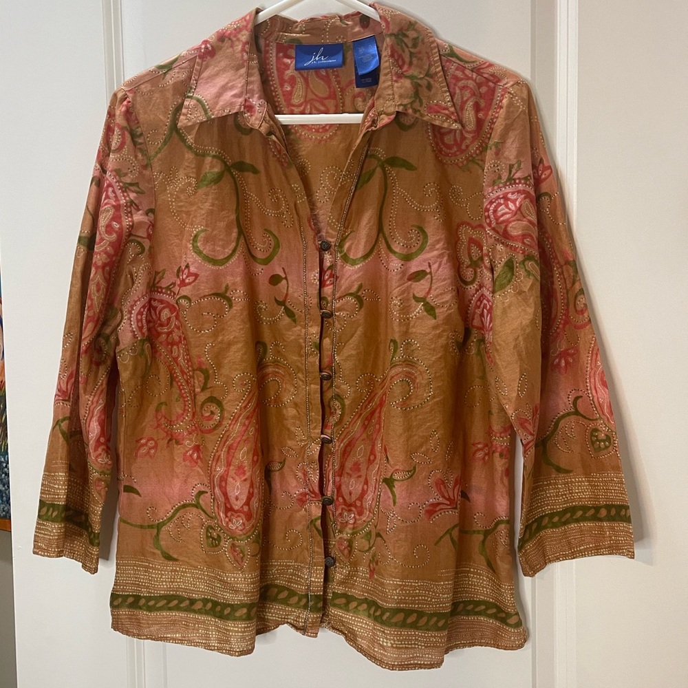 JH Collectibles Vintage Paisley Button Down Blouse 100% Cotton Size XL
